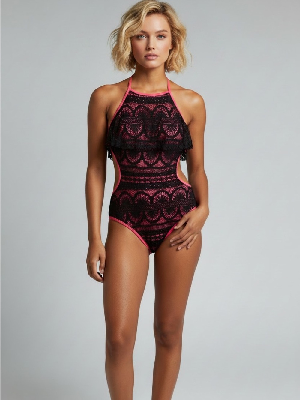 <NWT> No Boundaries Pink and Black Lace Halter One-Piece Swimsuit | Size M